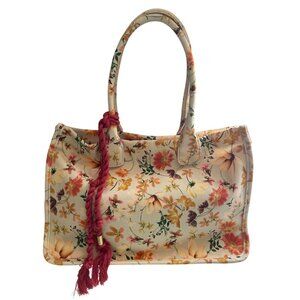 Vince Camuto Orla Panna Crème Floral Canvas Tote Braided Tassel Accent Handbag